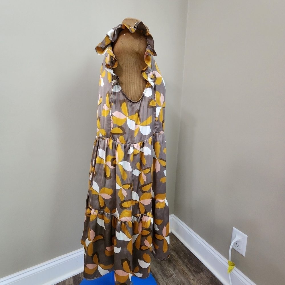 Mittoshop Floral Ruffle Sleeve Dress Tiered Mini Mocha Size S - Picture 5 of 10